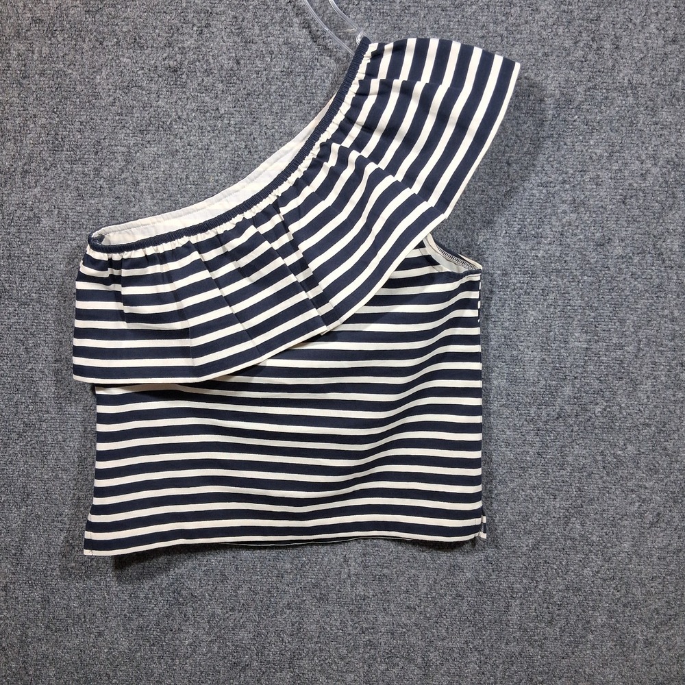 J. Crew‎ Navy Blue/White Stripe Ruffled One-Shoulder Top Size M - Picture 9 of 9